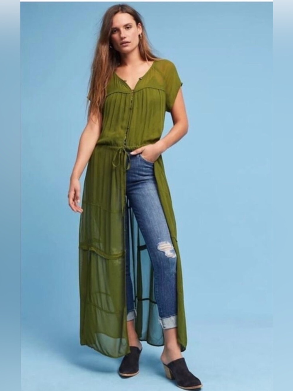 Anthropologie Maeve Moss Green Midori Sheer Boho Duster Dress Size Small